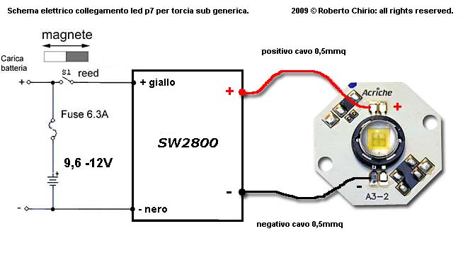 Schema elettrico collegamento SW2800 con 1 led P7.