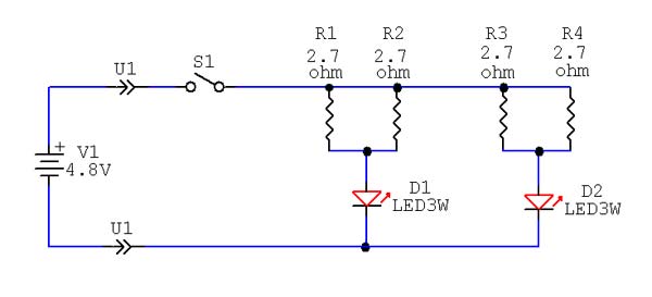 Schema elettrico collegamento resistenze, batteria e leds.